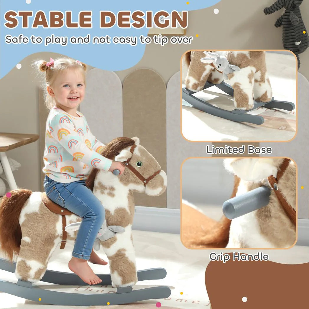 AIYAPLAY Baby Rocking Horse with Realistic Sounds & Bunny Toy – Plush Ride-On Animal Rocker for Ages 2-5, Brown