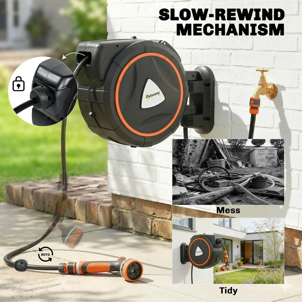 Outsunny 28m Retractable Wall-Mounted Hose Reel – Auto Lock, Slow Return, 12-Pattern Nozzles