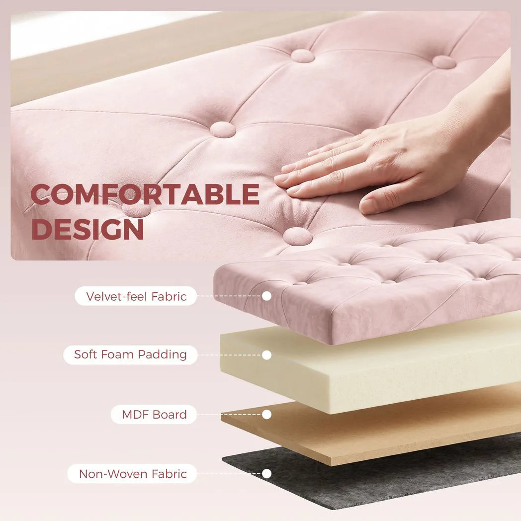 HOMCOM Velvet Upholstered Foldable Storage Ottoman Bench with Wood Legs – Footrest for Living Room, Pink