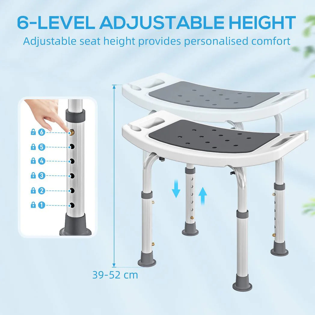 HOMCOM Height Adjustable Shower Chair with Aluminium Frame, Non-Slip Feet and Padded EVA Seat, Grey