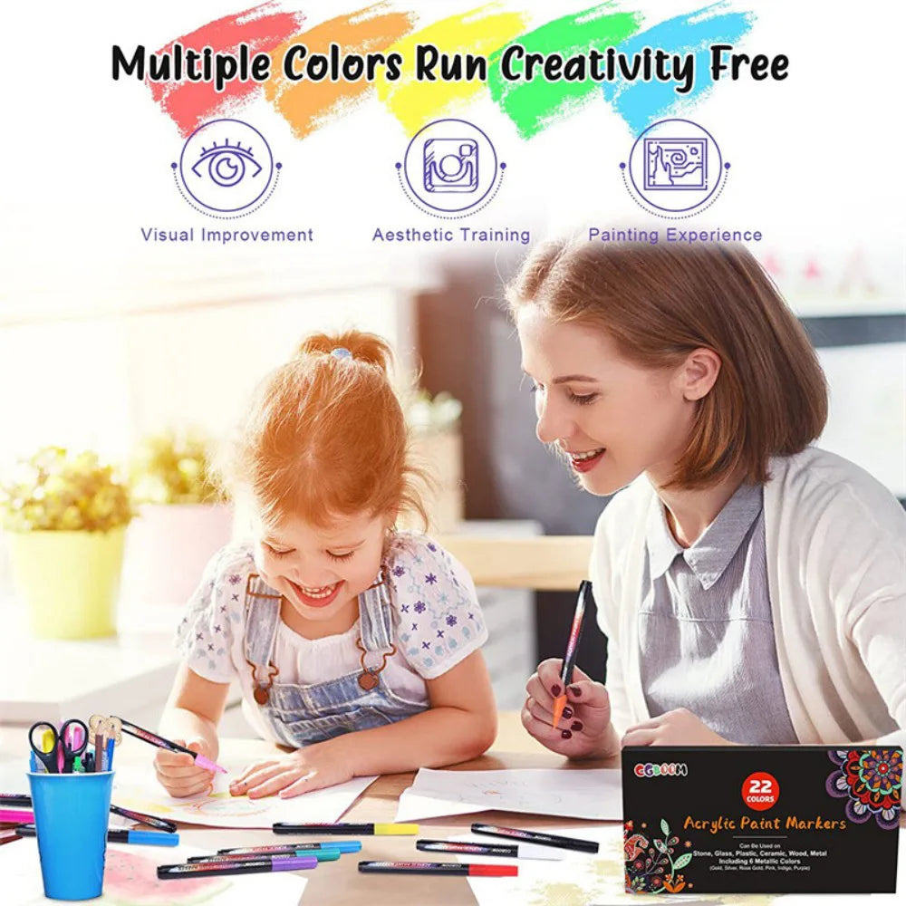 CGBOOM 22 Colour Acrylic Paint Markers with 0.7mm Extra-Fine Tips – Permanent Pens for Rock Painting, Wood & Glass