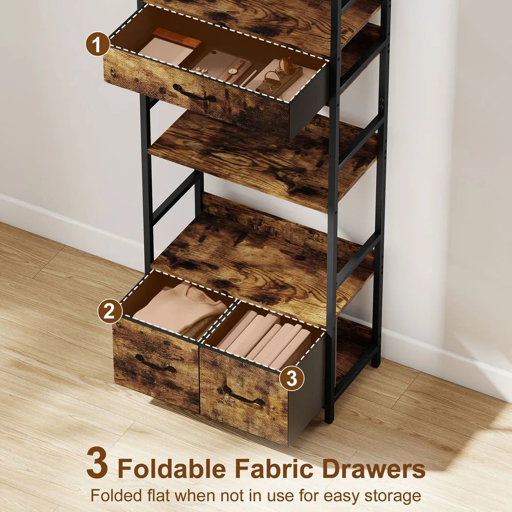 HOMCOM Industrial Bookcase with 4 Open Shelves & 3 Fabric Drawers – Slim 176cm Storage Shelf, Brown/Black