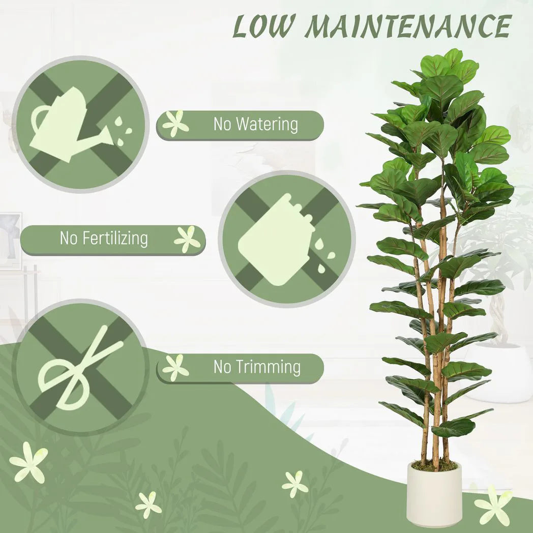 HOMCOM 180cm Artificial Fiddle Leaf Fig Tree in White Pot – Realistic Faux Plant for Home and Office, Green