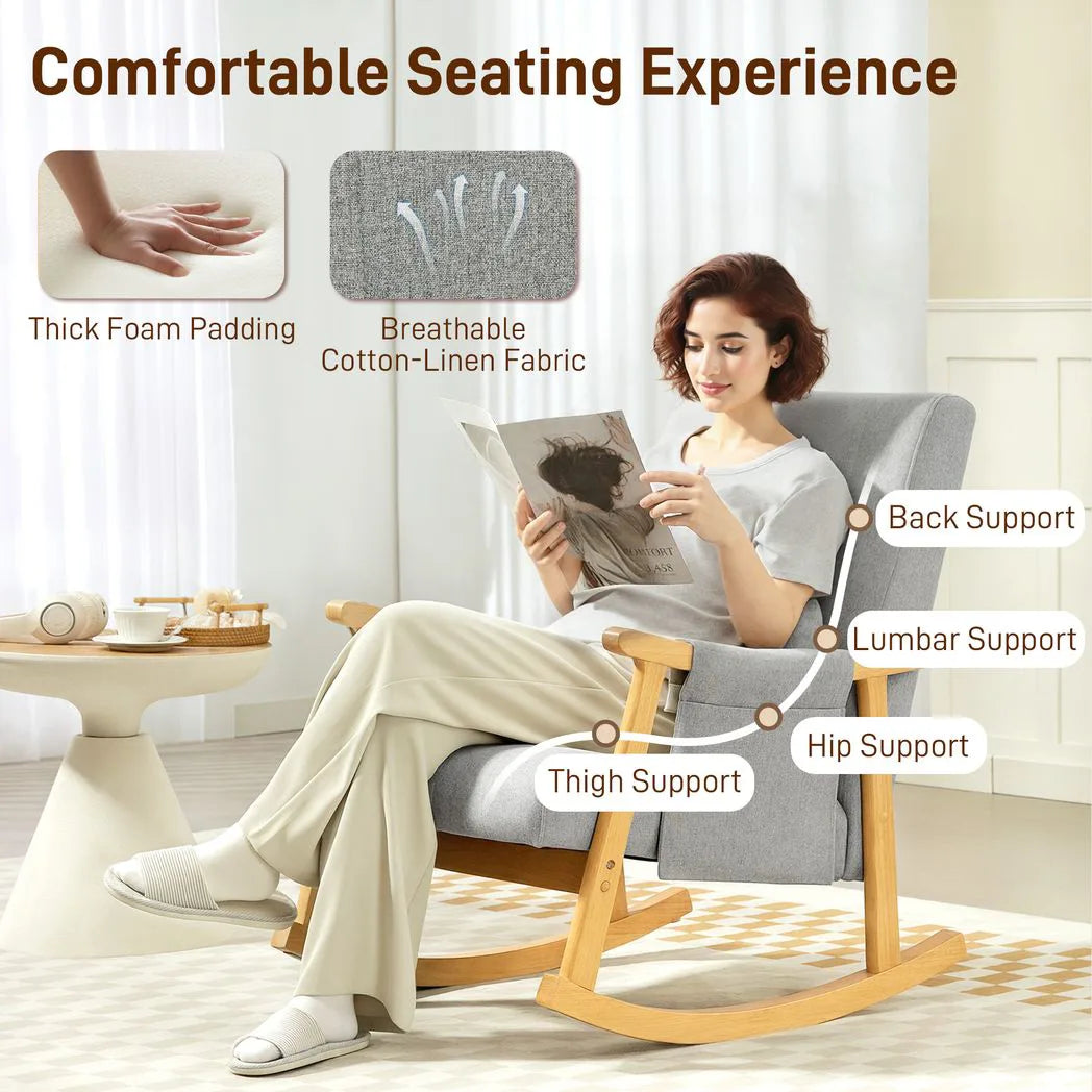 HOMCOM Wood Frame Rocking Accent Chair with 35° Rocking Base, Thick Padding and Side Pocket – Light Grey
