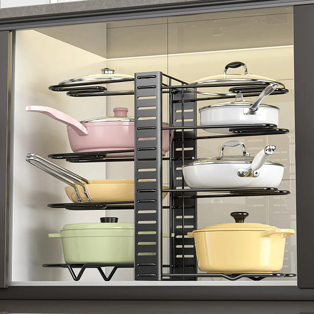 Adjustable 8-Tier Cookware Organiser Rack – Carbon Steel Pan & Pot Storage Holder, Non-Slip Feet, Black