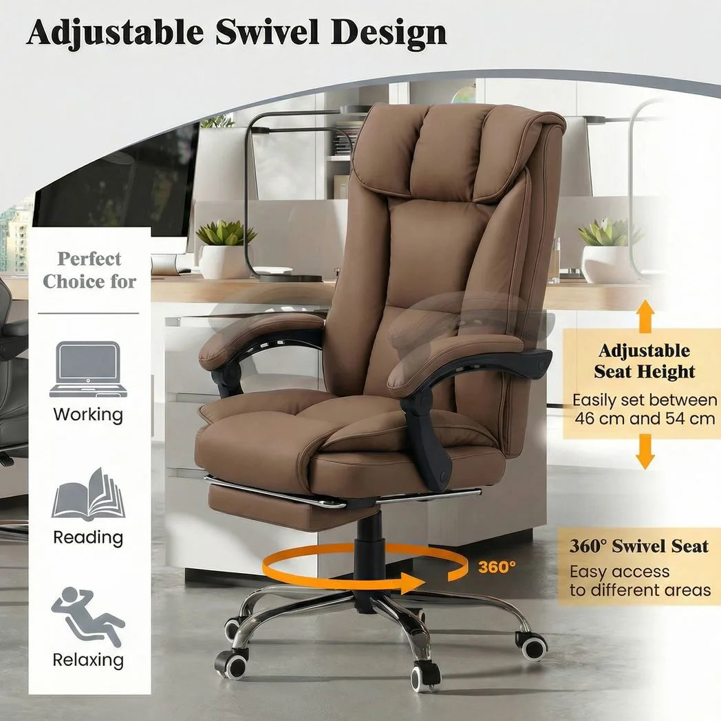 HOMCOM 155° Reclining Faux Leather Office Chair with Footrest & 360° Swivel – Executive Chair, Brown