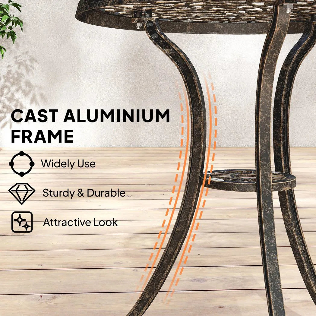 Outsunny 3 Piece Aluminium Bistro Set – Garden Table and 2 Chairs with Floral Cut-Out Design, Brown
