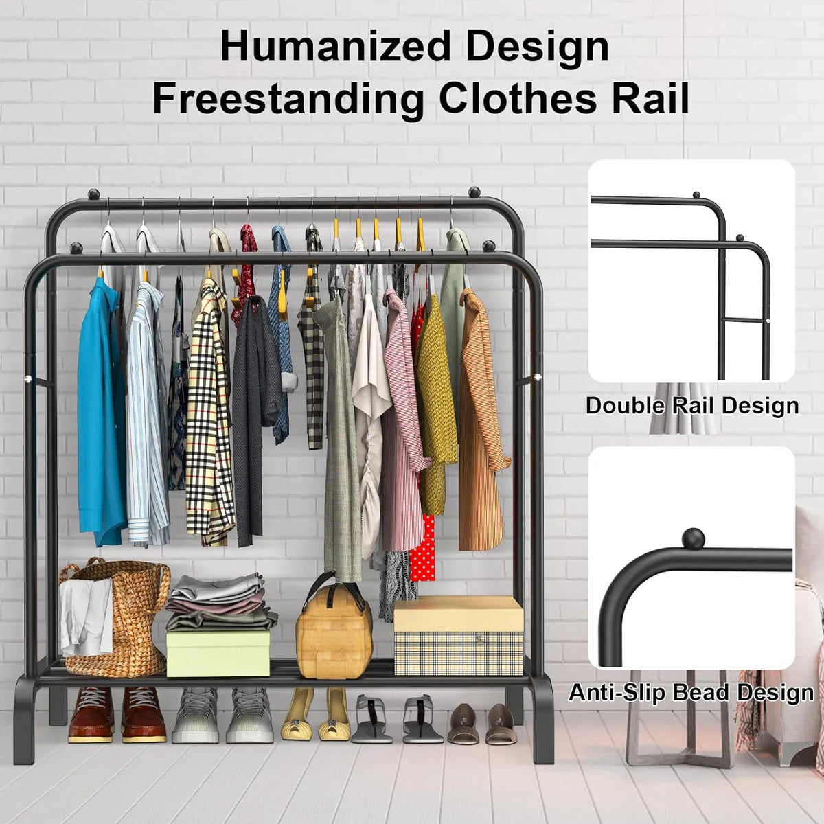 Heavy Duty Double Clothes Rail with Bottom Shoe Shelf, 110 x 54.5 x 150cm, Black