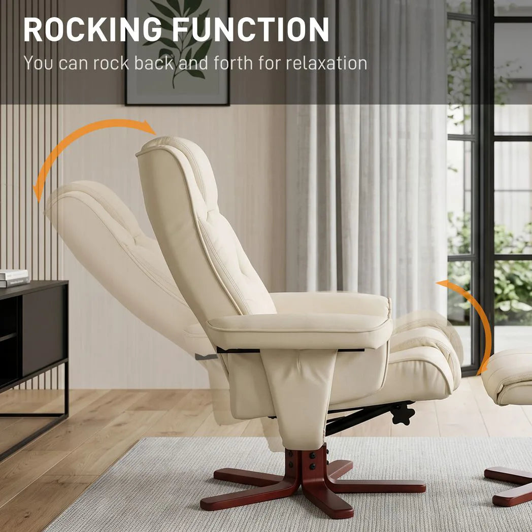 HOMCOM Faux Leather Manual Recliner Armchair and Footstool Set with Rocking Motion – Cream White