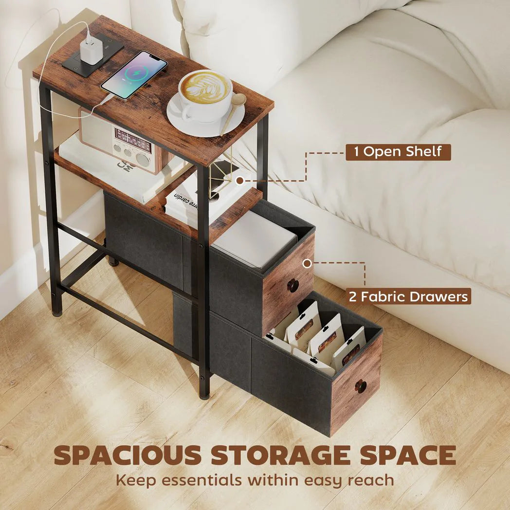 HOMCOM Narrow Bedside Table with Charging Station, 2 Fabric Drawers, AC Outlet and USB Ports, Industrial