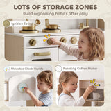 AIYAPLAY Play Kitchen with Rotating Coffee Machine, Stove and Storage Shelf – Kids Playset, Ages 3-6, White
