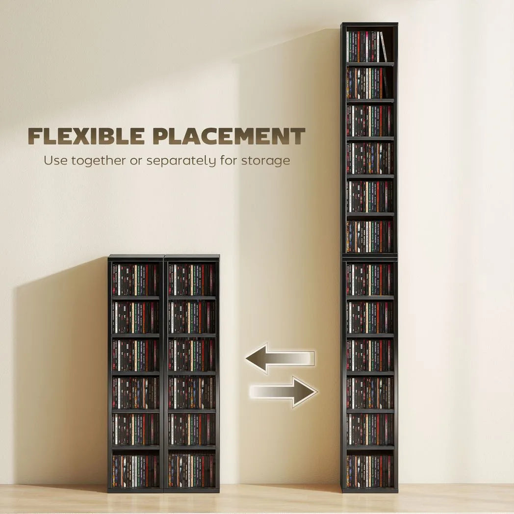 HOMCOM Set of 2 CD Media Storage Towers with Adjustable Shelves – Slim DVD and Blu-ray Display Racks, High Gloss Black