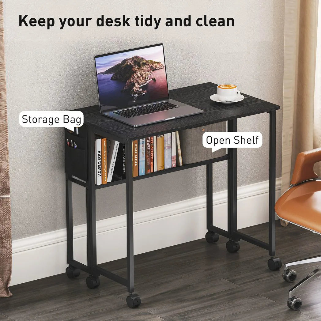 HOMCOM 80cm Drop Leaf Writing Desk with Wheels and Lower Shelf – Foldable Work Table, Black