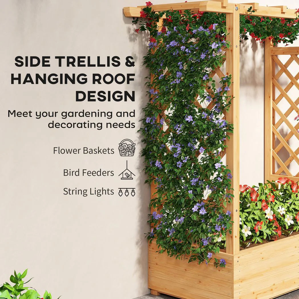 Outsunny Wooden Garden Planter with Trellis, Hanging Roof and Drainage Holes – Raised Bed, 110 cm, Natural