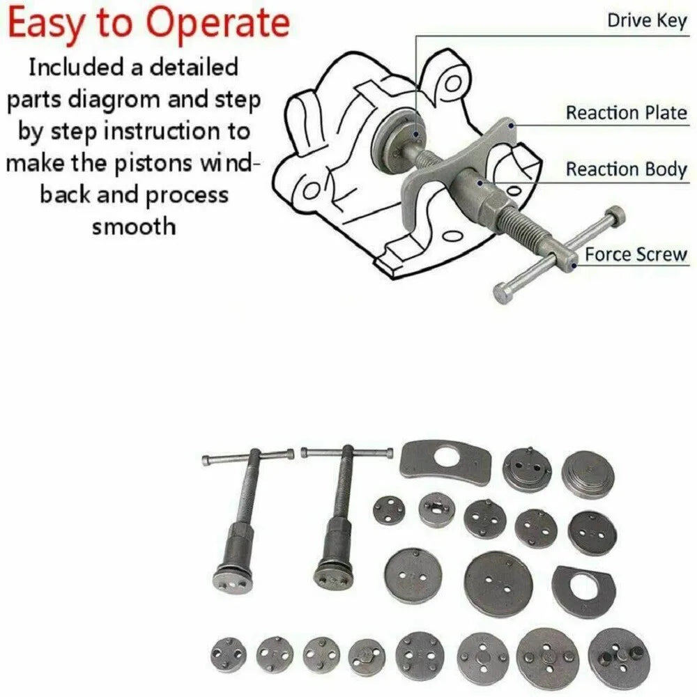 23 Piece Disc Brake Caliper Piston Rewind Tool Kit with Left & Right Spindles – Universal Car Brake Wind Back Set