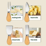 4-Piece Cheese Knife and Spatula Set with Round Rubberwood Box – Stainless Steel Blades, Gift Cheese Tools