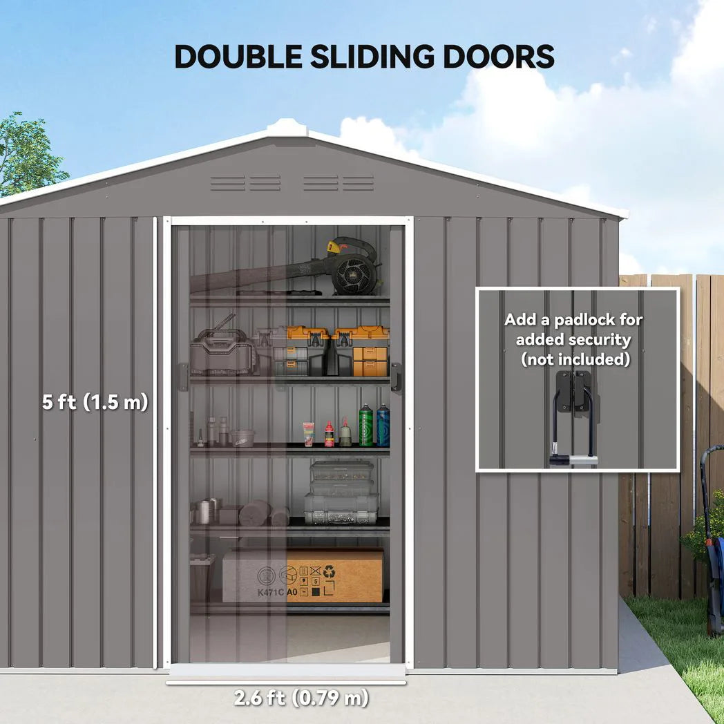 Outsunny 8 x 6ft Galvanised Steel Garden Shed with Sliding Double Doors, Light Grey