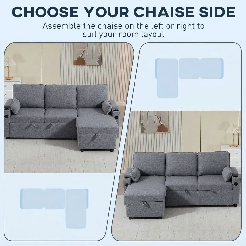HOMCOM Corner Sofa Bed with Reversible Storage Chaise, Pocket Springs and USB Charging – L Shaped, Grey