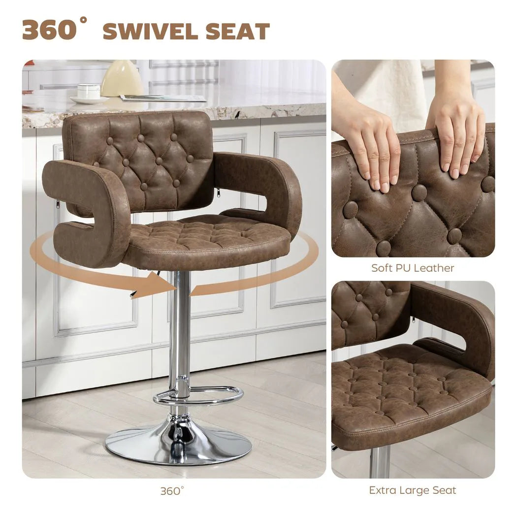 HOMCOM PU Leather Swivel Bar Stool with Back, Armrest and Footrest – Height Adjustable, Coffee