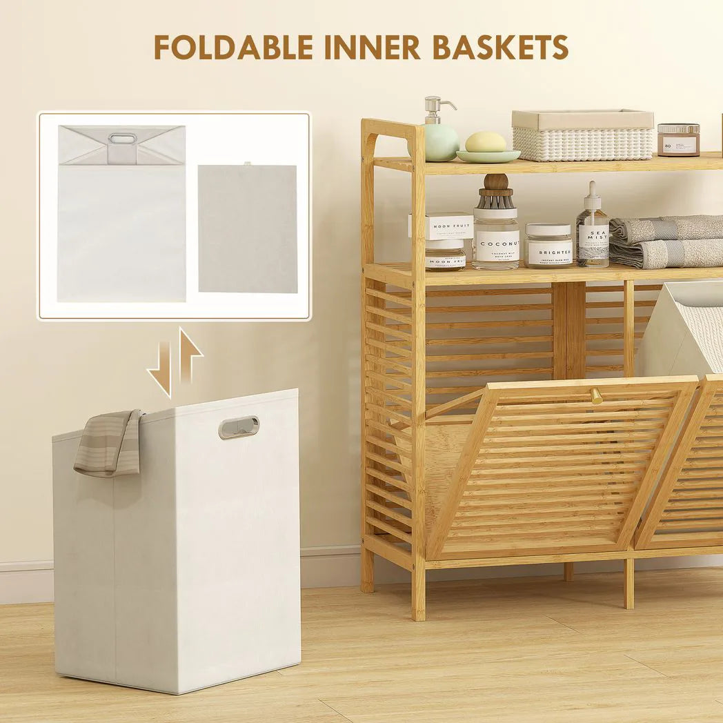 HOMCOM Double Tilt-Out Bamboo Laundry Cabinet with 2 Removable Baskets – Freestanding Bathroom Storage, Natural
