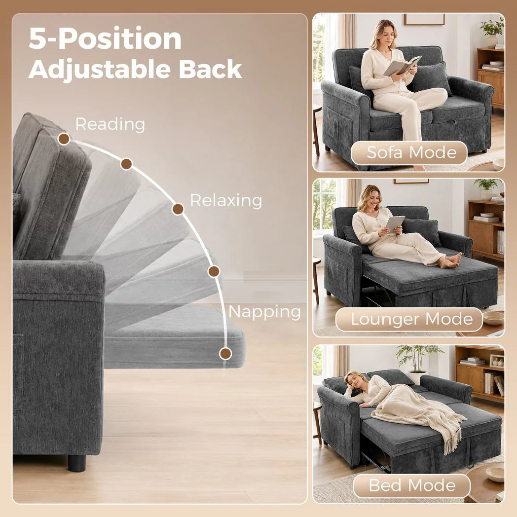 HOMCOM 2 Seater Sofa Bed, 3-in-1 Convertible Chenille Sleeper Sofa with 5-Position Backrest – Grey