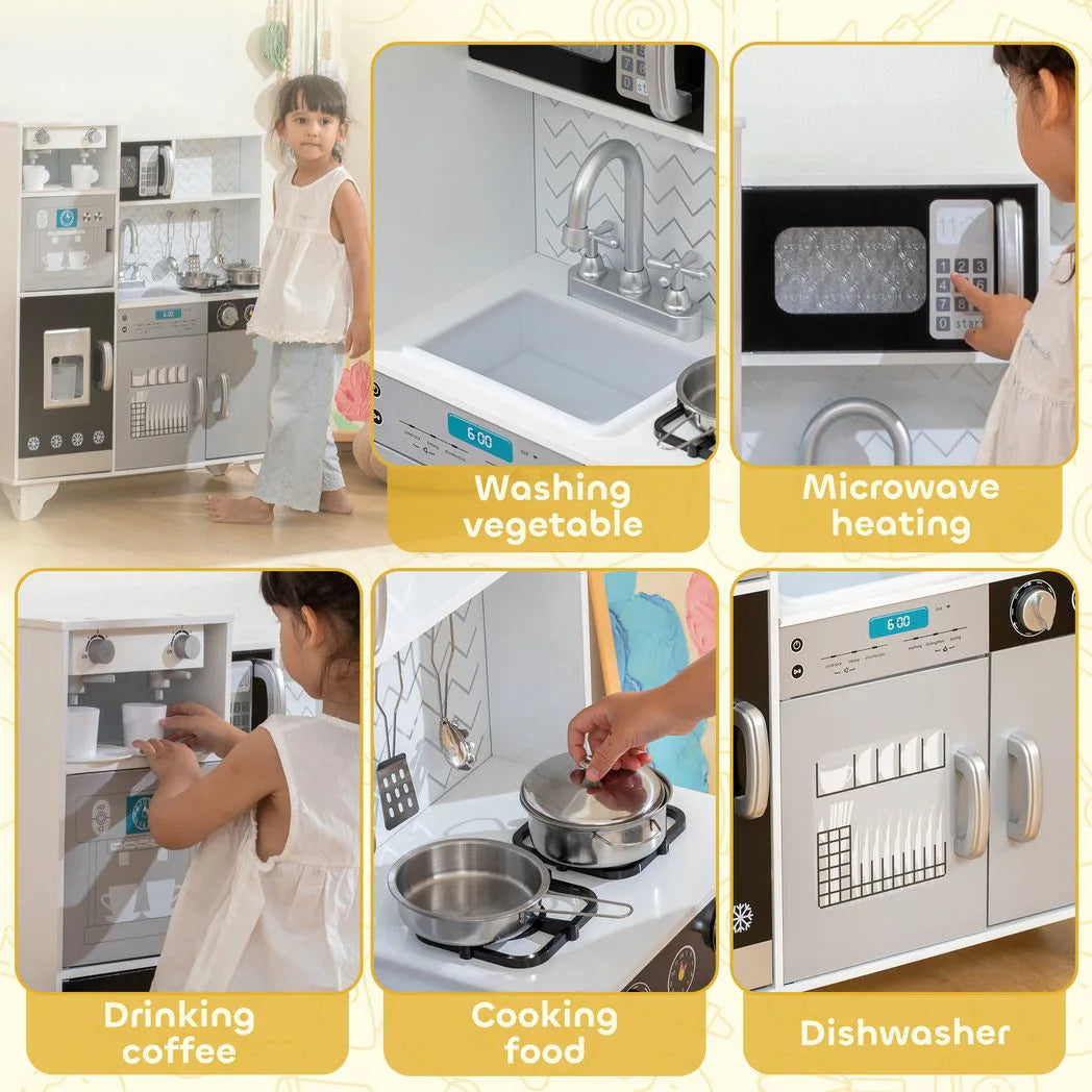 AIYAPLAY Kids Play Kitchen with Sounds, Ice and Coffee Maker, Microwave and Utensils – Role Play, Ages 3-6