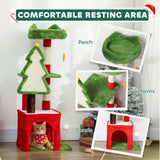 PawHut Christmas Cat Tree, 120cm Tower with Scratching Post, Bed, House and Toys – Festive Green