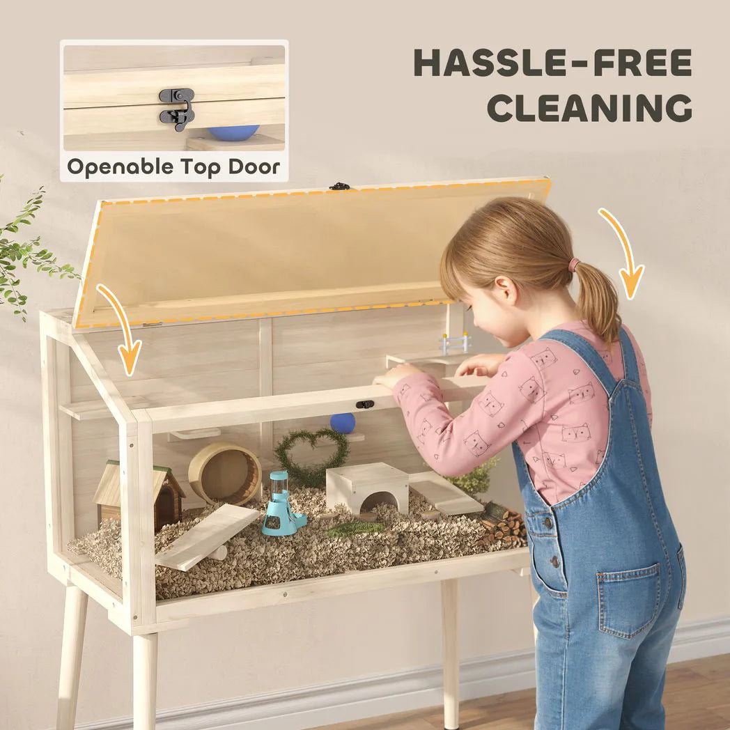 PawHut Wooden Hamster Cage with Openable Top, Seesaws and Water Bottle – Gerbil Habitat, 110 x 52 x 101 cm
