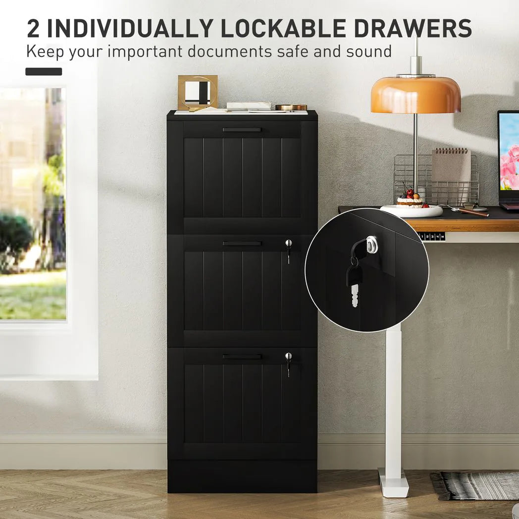 HOMCOM 3 Drawer Lockable Filing Cabinet with Adjustable Hanging Bars for A4 & Letter Files, Black