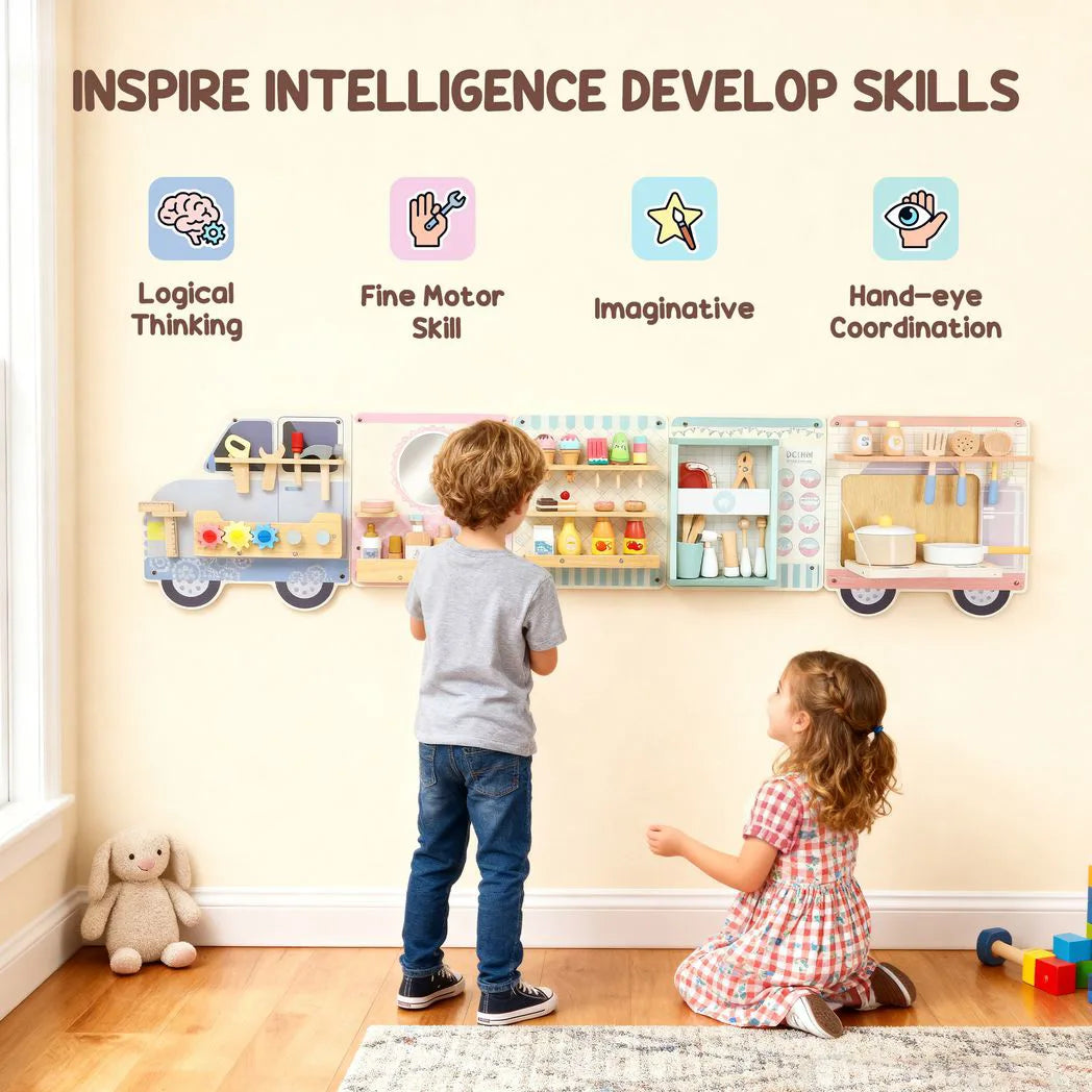 AIYAPLAY Wooden Busy Board with 5 Role Play Scenes – Wall Mounted Activity Panels for Kids, Truck Design