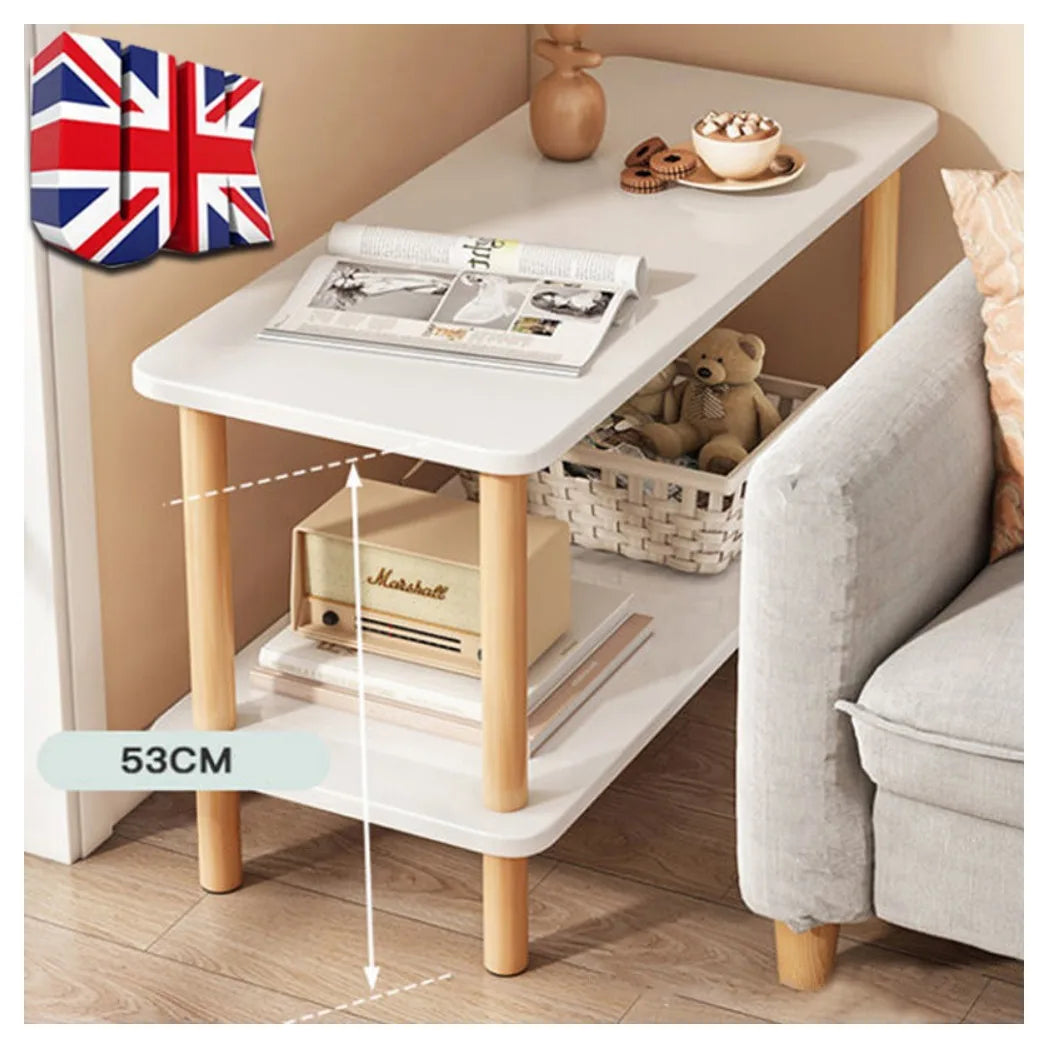 Narrow Side Table for Living Room – Small Bedside Table with Shelf, MDF & Solid Wood, White