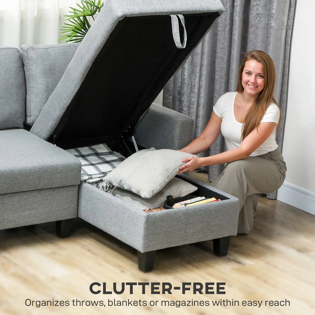 HOMCOM Three-Seater Storage Sofa Bed with Chaise & Linen-Look Upholstery – Fold-Out Sofa Bed, Grey