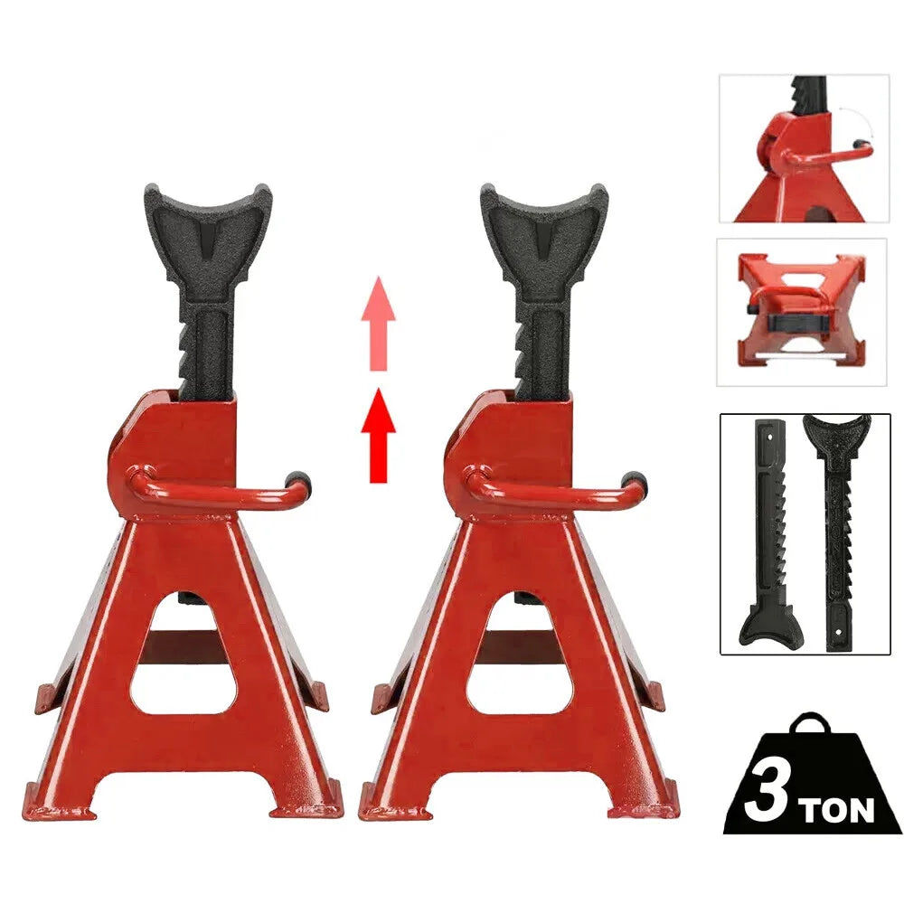 Heavy Duty Axle Stands, Pair – 3 Ton Capacity Each with Ratchet Height Adjustment, 280–415mm, Red and Black