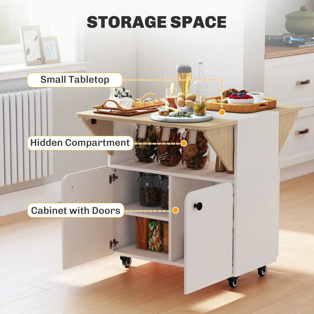 HOMCOM Folding Dining Table with Hidden Shelf & Cabinet, Rolling Drop Leaf – Space-Saving, White