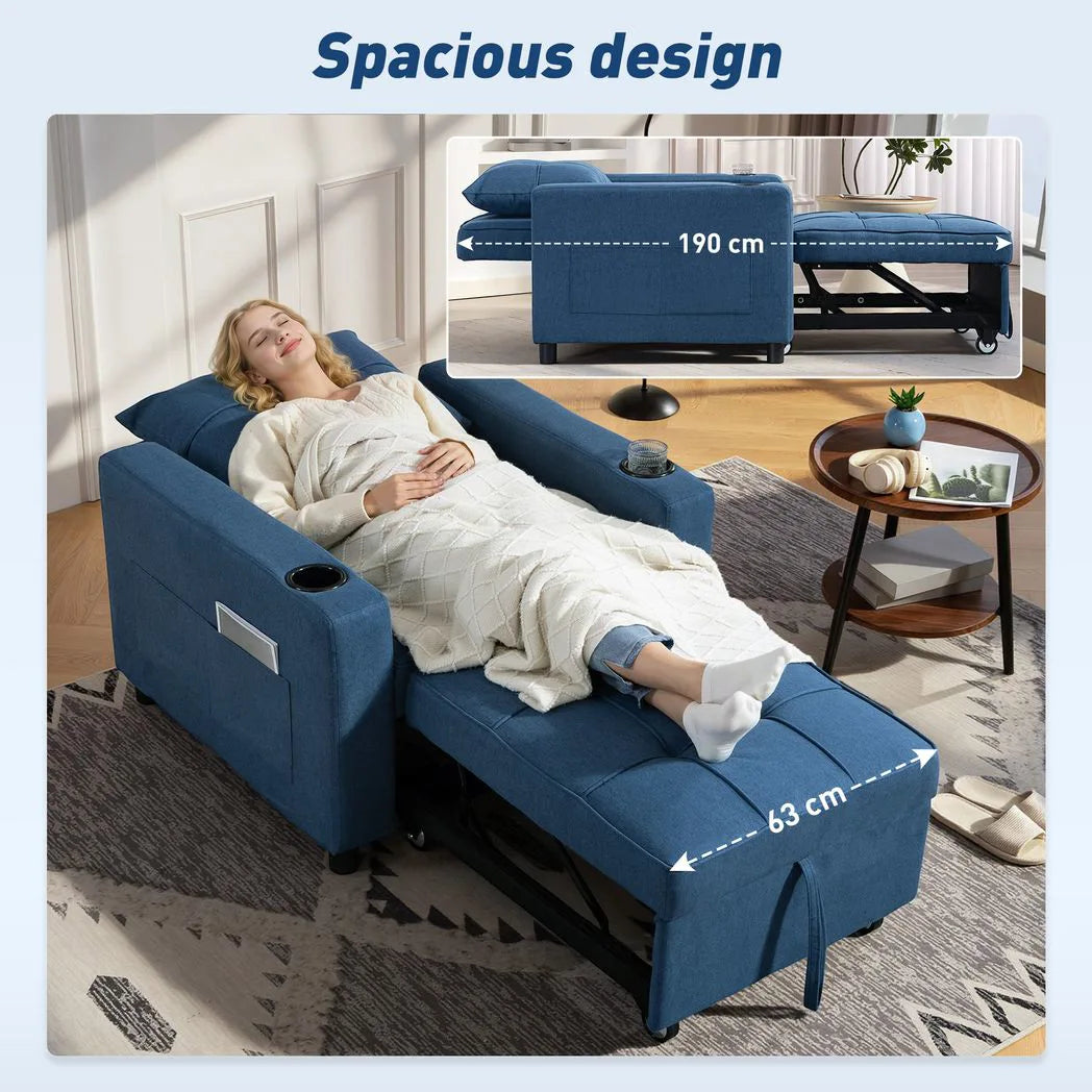 HOMCOM 3-in-1 Single Sofa Bed with Pull-Out Design, Cup Holders & Side Pockets – Convertible Chair Bed, Dark Blue