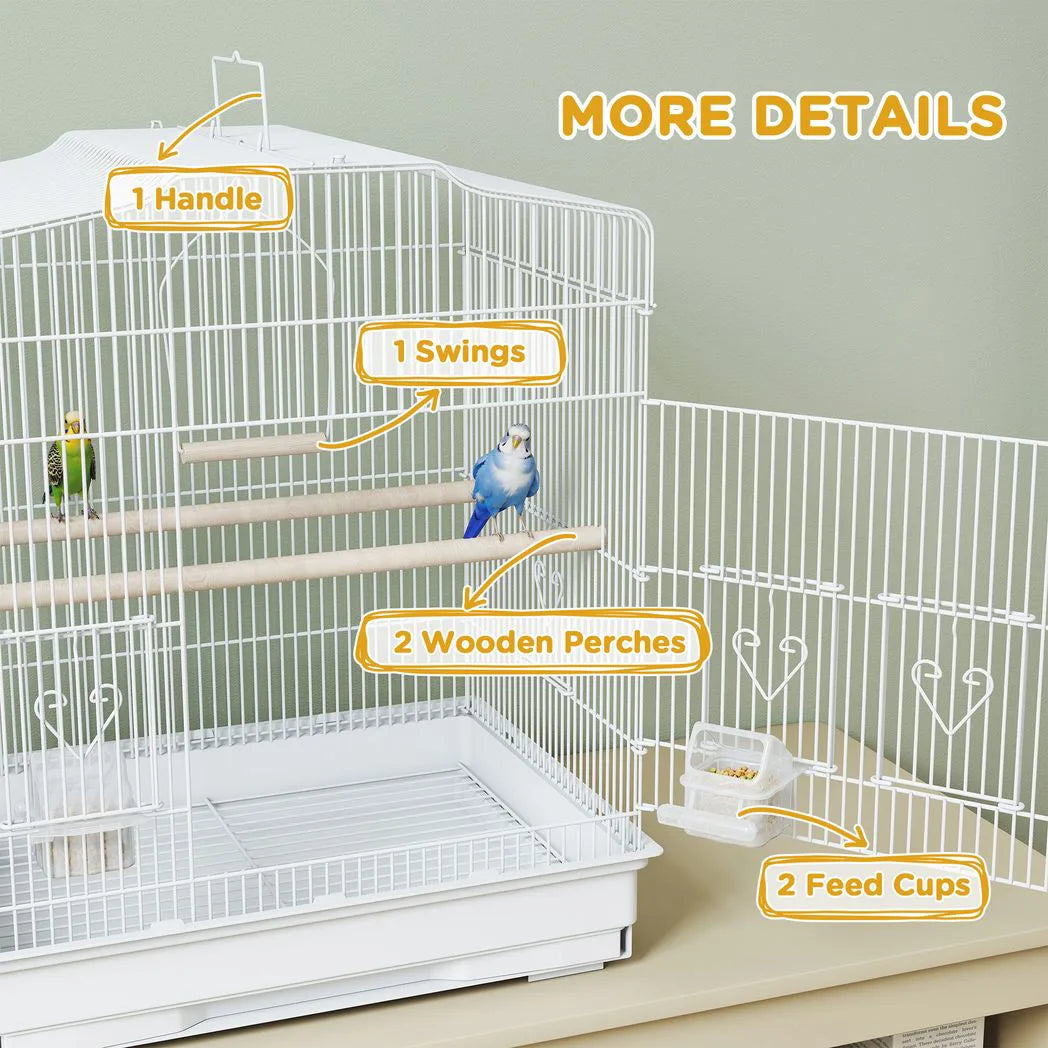 PawHut Large Metal Bird Cage with Perches, Food Bowls & Swing – For Budgies, Finches & Parakeets, White