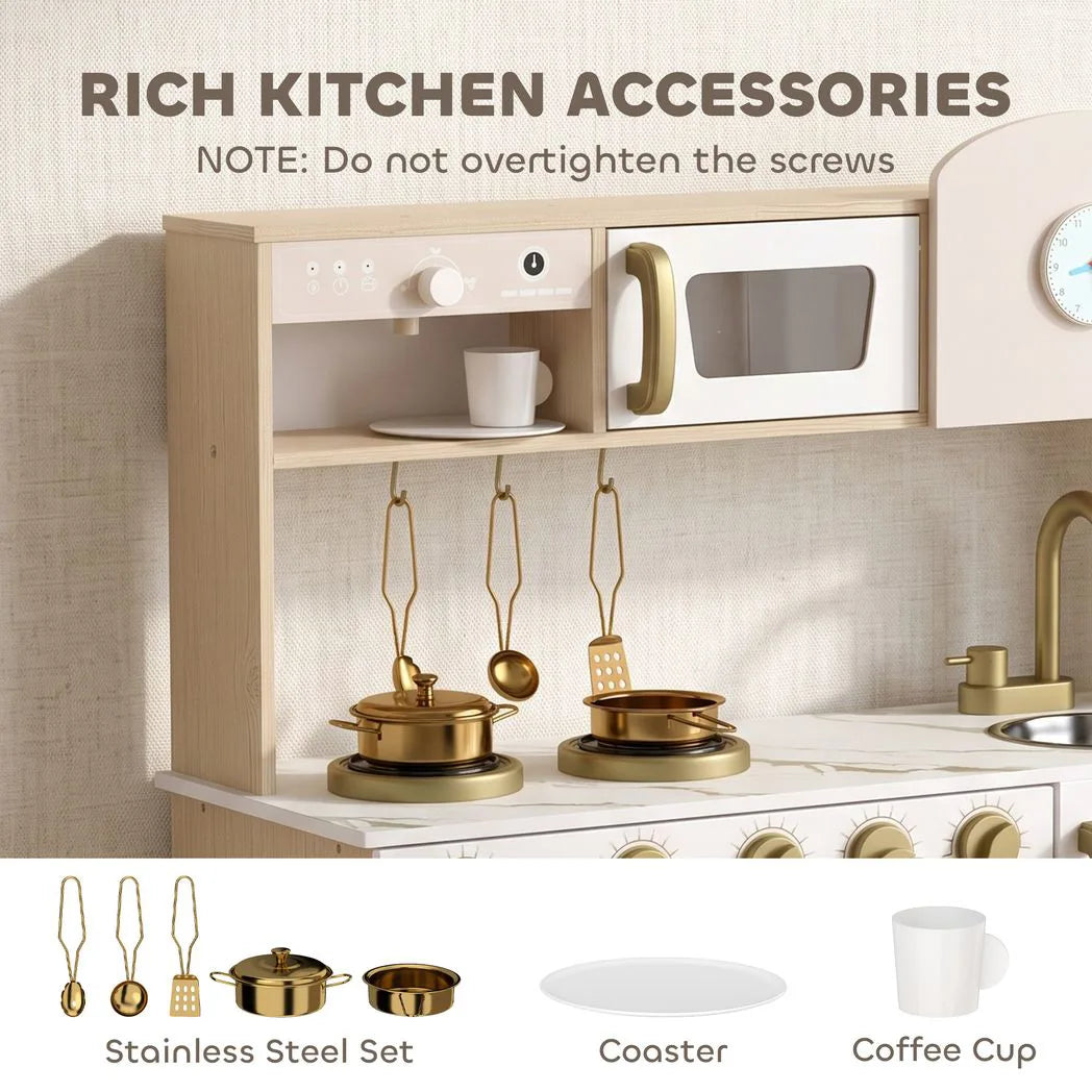 AIYAPLAY Play Kitchen with Rotating Coffee Machine, Stove and Storage Shelf – Kids Playset, Ages 3-6, White
