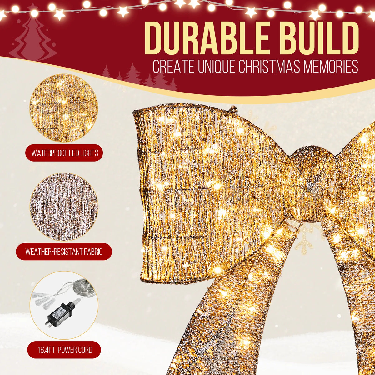Giant Pre-Lit Outdoor Christmas Bow with 124 Warm White LEDs – Festive Door, Porch & Gate Decoration
