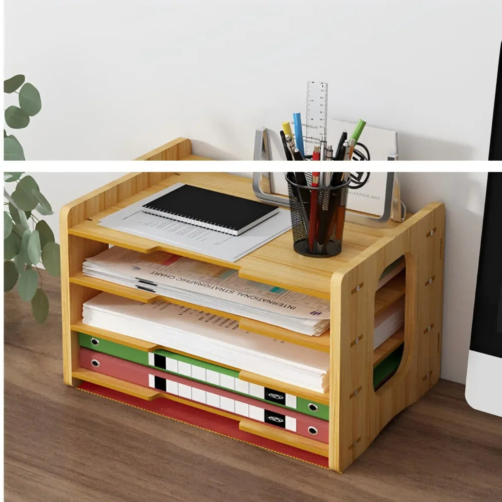 Multi-Layer Wooden Desktop Document Organiser – Office Desk File Storage for Paper and Magazines