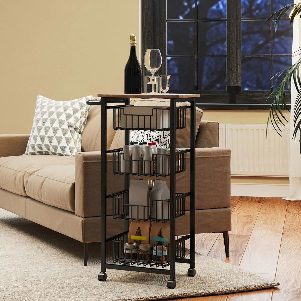 HOMCOM Four Basket Mobile Kitchen Island Trolley with Brakes – Steel Frame Storage Cart, Oak/Black