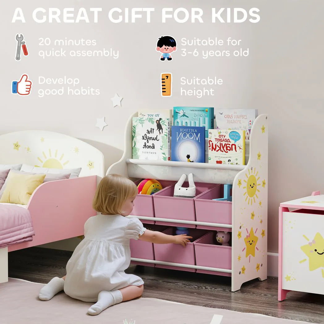 AIYAPLAY Kids Storage Unit with 6 Fabric Drawers & 2-Tier Sling Book Rack – Toy Organiser for Bedroom or Playroom, Pink