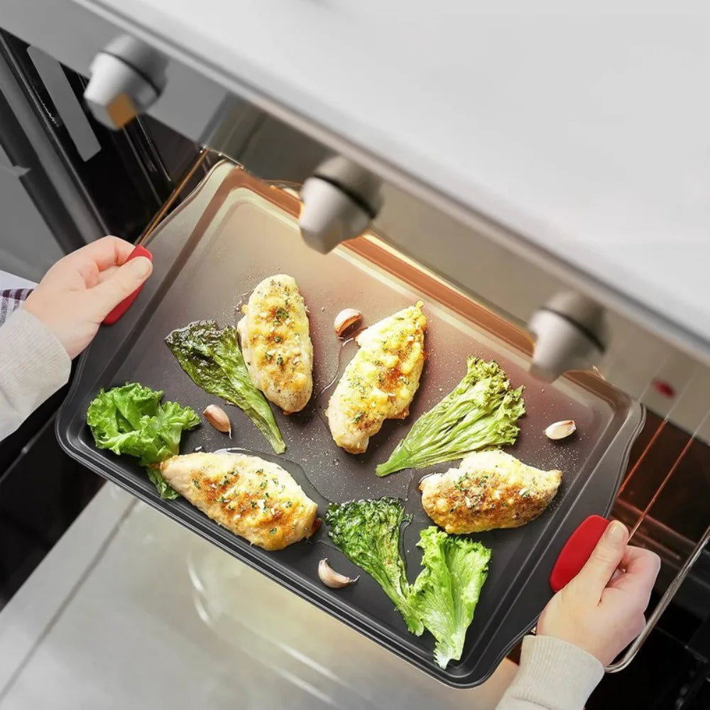 5 Piece Non-Stick Carbon Steel Baking Tray Set with Silicone Handles, Spatula and Brush – Oven Roasting Pans