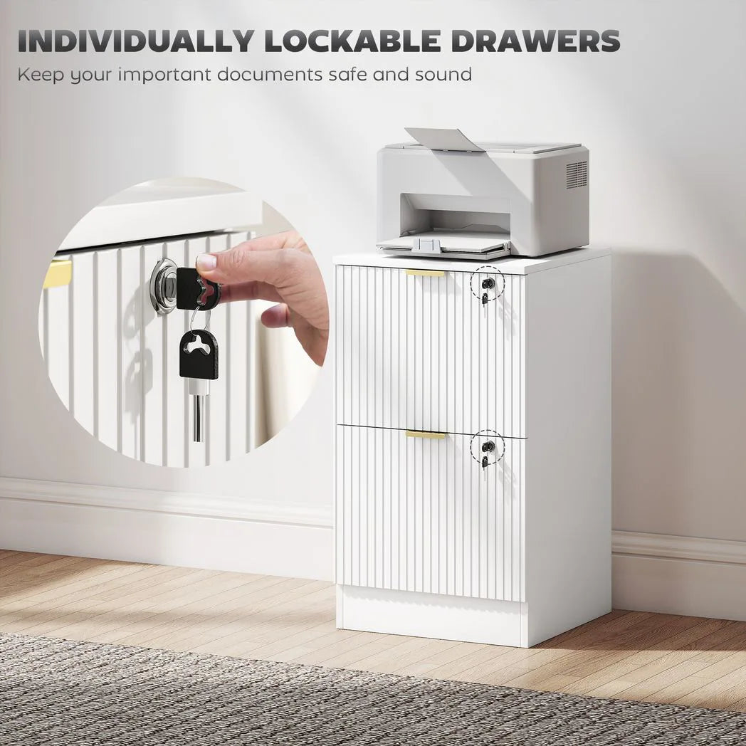 HOMCOM Filing Cabinet with 2 Lockable Drawers, Hanging Rails & Fluted Fronts – Home Office Storage, White