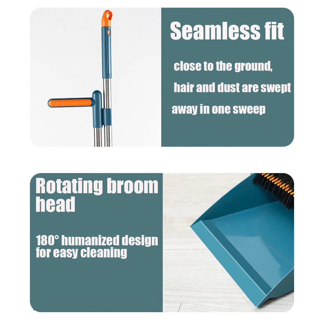 Long Handled Dustpan and Brush Set with Stainless Steel Handle, Upright Broom and Dustpan, Blue