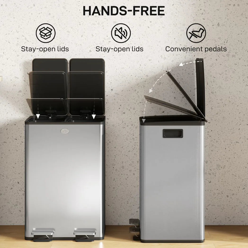 HOMCOM 56L Dual Compartment Pedal Bin with Deodoriser Holders & Soft-Close Lid – Stainless Steel