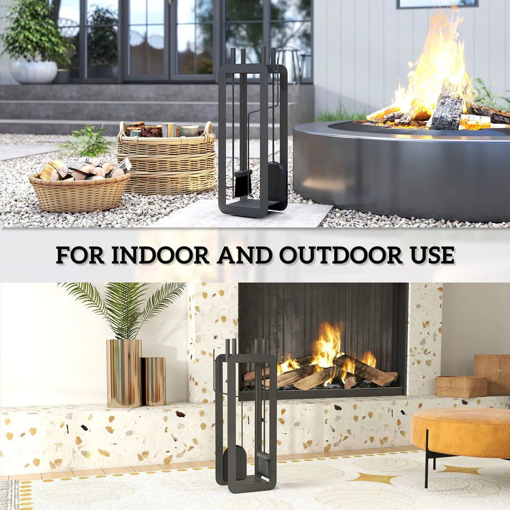 Outsunny 5-Piece Fireplace Companion Set – Brush, Shovel, Poker, Tongs and Stand, Black Metal