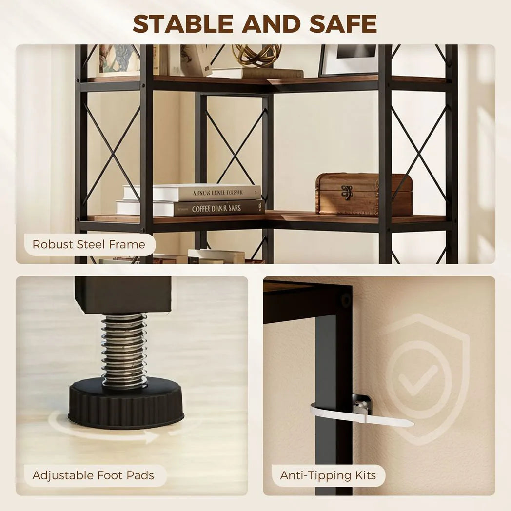 HOMCOM 5-Tier L-Shaped Corner Bookshelf with Metal Frame and Anti-Tipping Kit – Freestanding, Rustic Brown