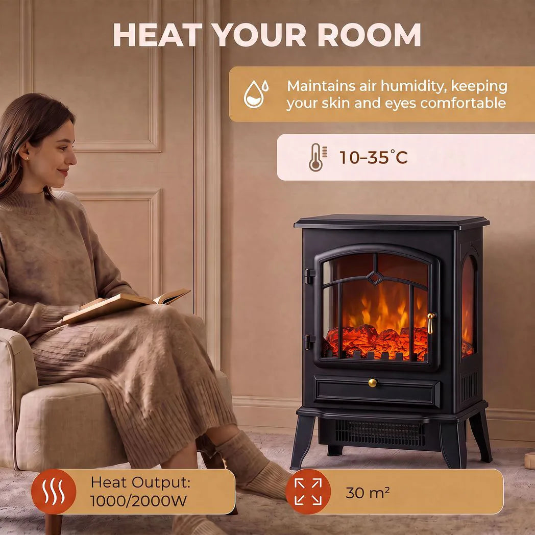 HOMCOM 3-Sided Electric Fireplace Stove, 1000W/2000W Freestanding Heater with 3D Flame Log – Black