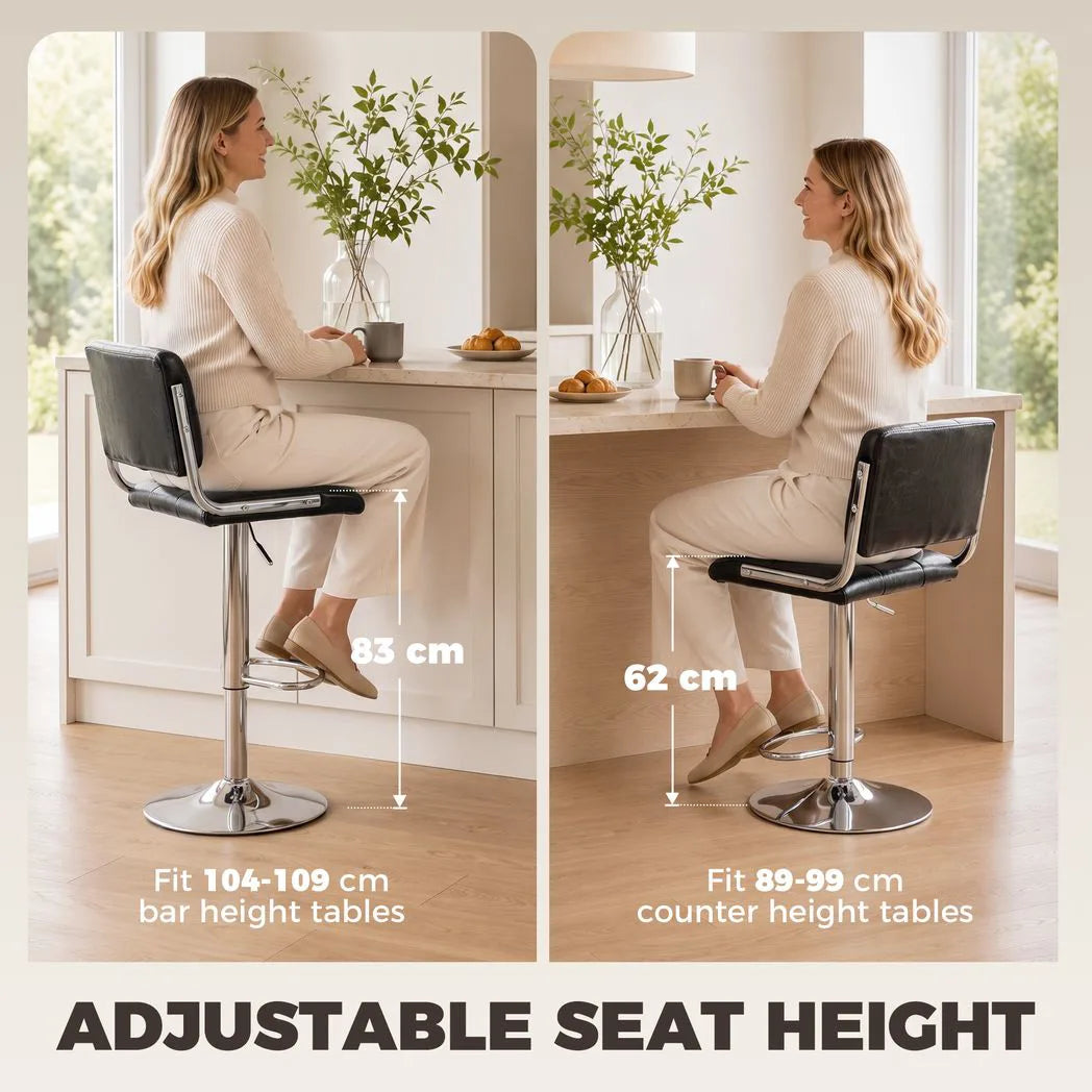 HOMCOM Set of 2 Swivel Bar Stools, Adjustable Height PU Leather – Kitchen Breakfast Bar Seating, Black