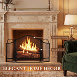 HOMCOM Floral 3-Panel Folding Fireplace Screen – Heat-Resistant Metal Spark Guard for Hearth Protection, Black